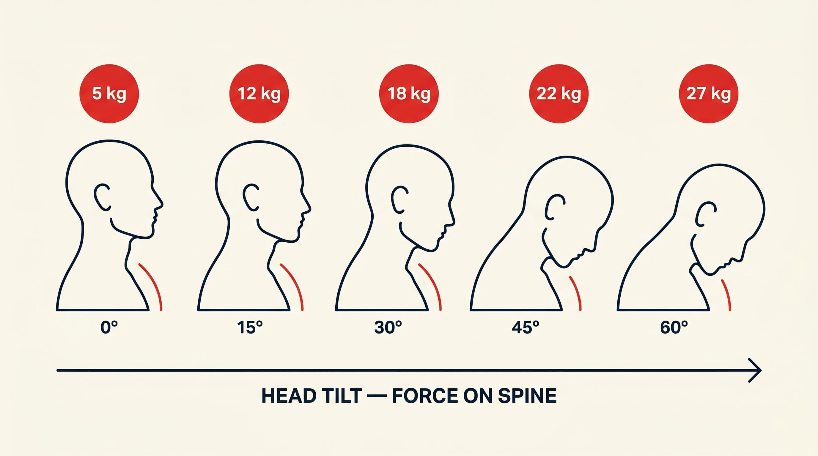 Diagram showing pressure on cervical spine at 0, 15, 30, 45 and 60 degrees of head tilt