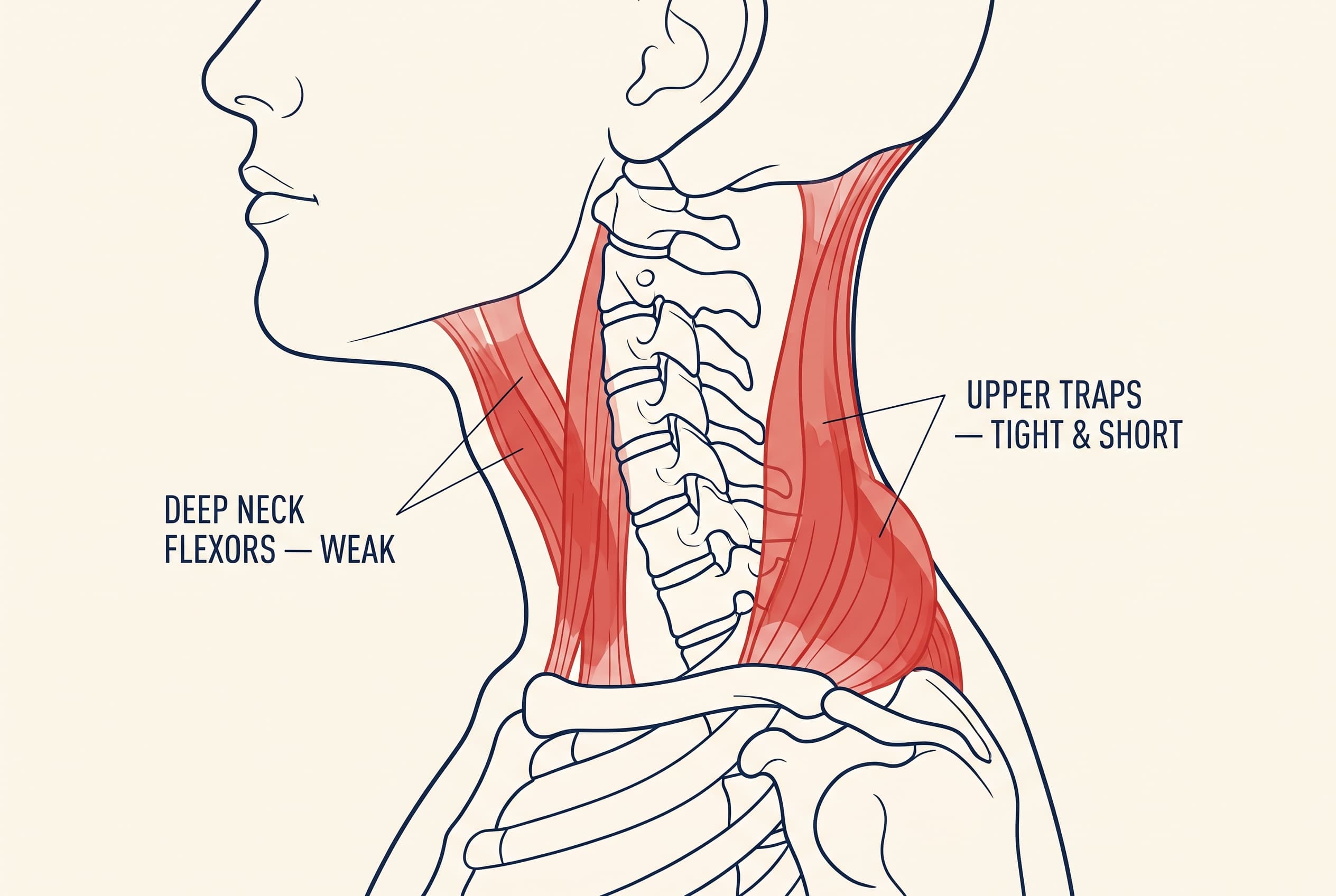 Anatomical diagram showing weak deep neck flexors at the front and tight upper trapezius at the back