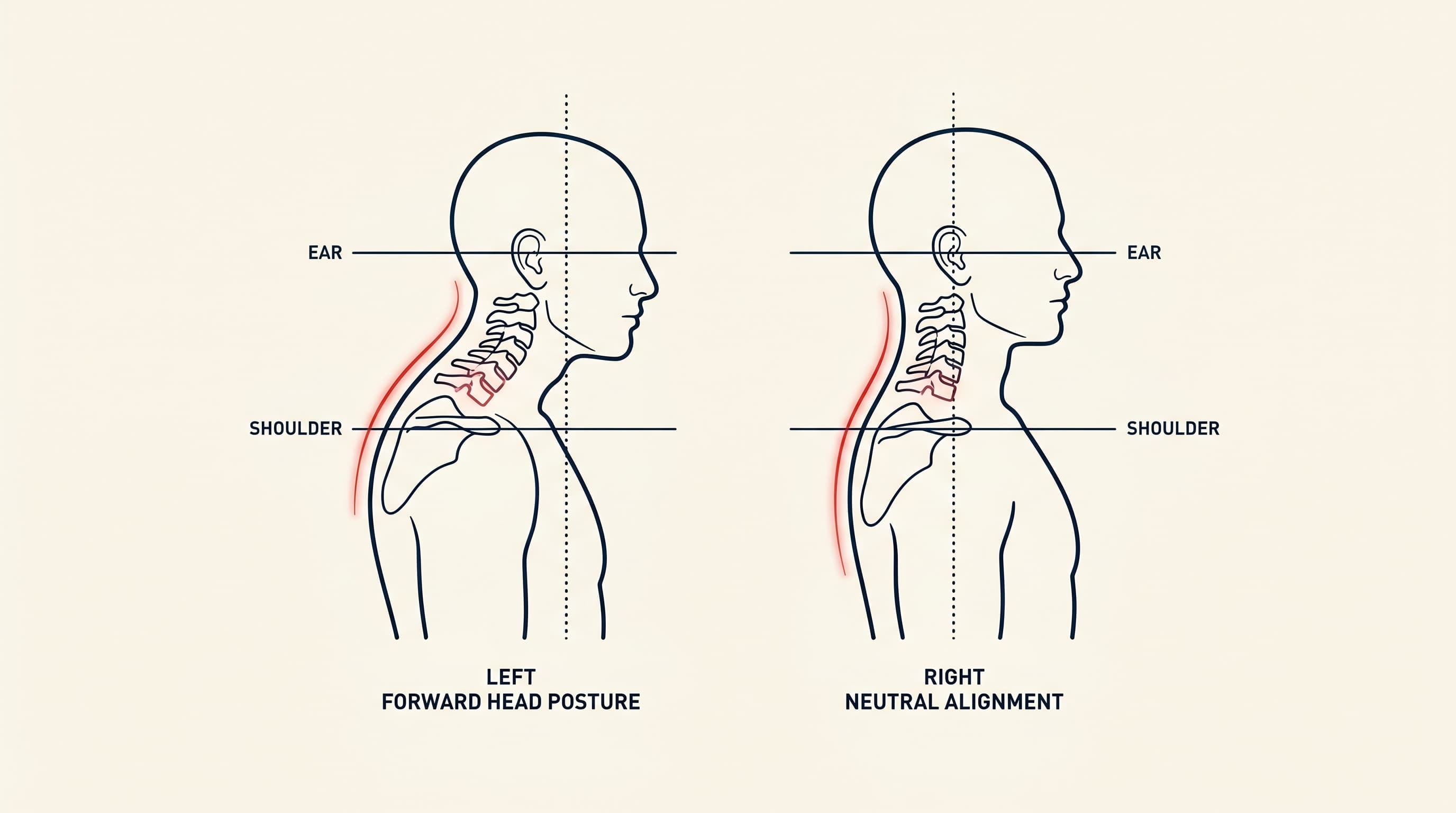 Side by side anatomical diagram: forward head posture versus neutral alignment